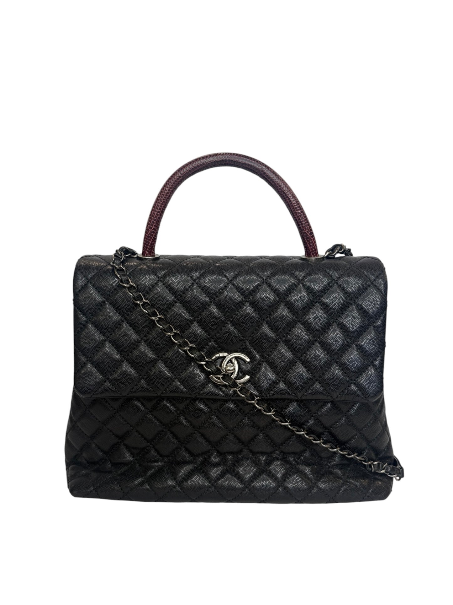 Chanel Black Caviar Large Coco Lizard Trimmed Handle Flap Bag T0664