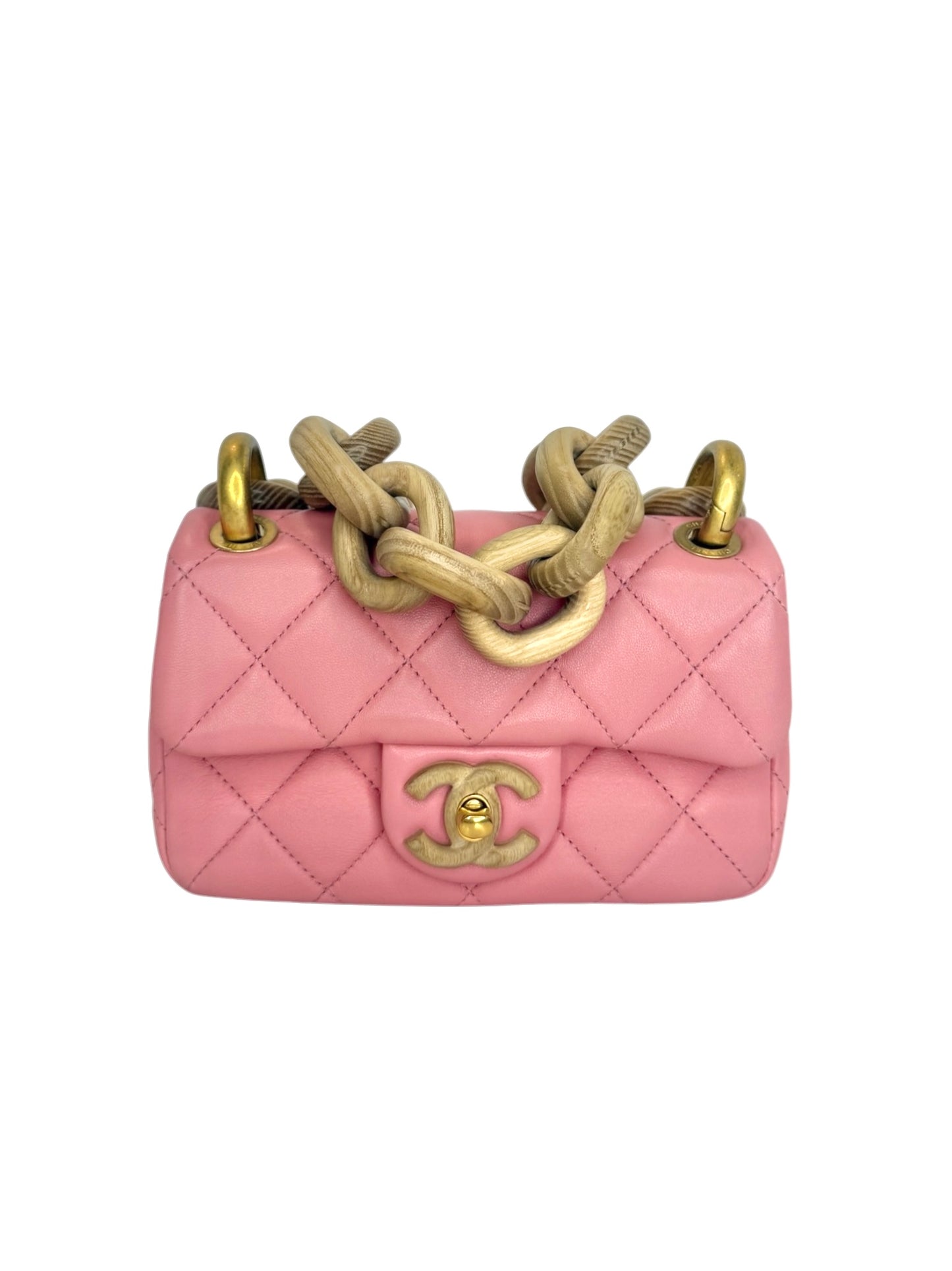 Chanel Pink Lambskin Mini Wenge Wood Chain Flap Bag T8640