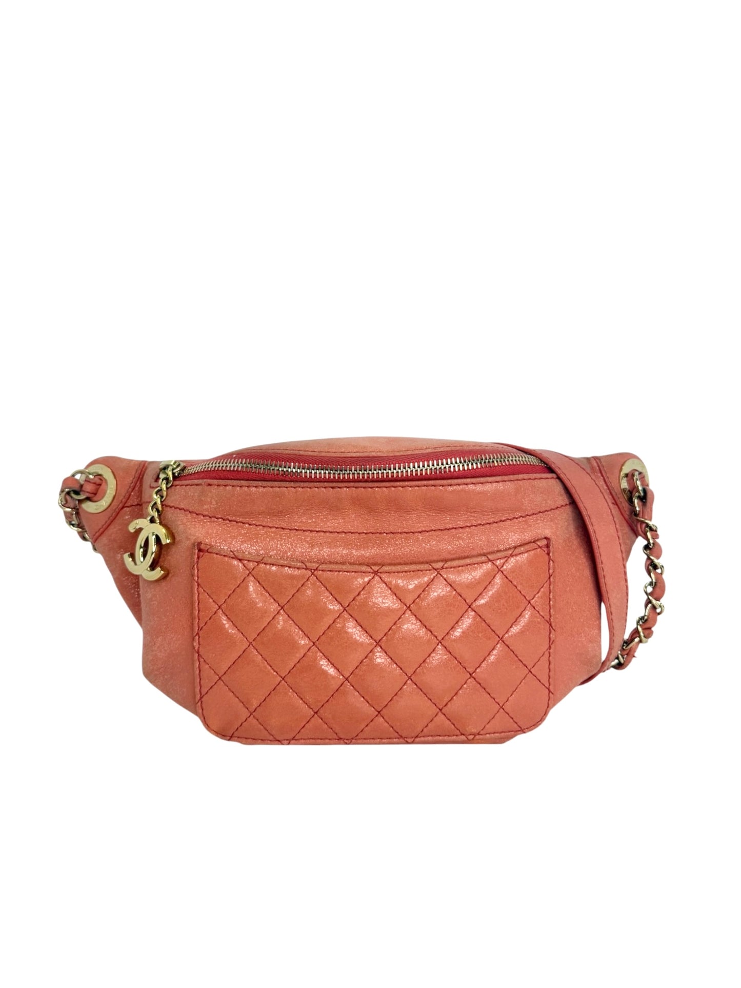 Chanel Pink Shiny Crumpled Calfskin Quilted Belt Bag GHW T8635
