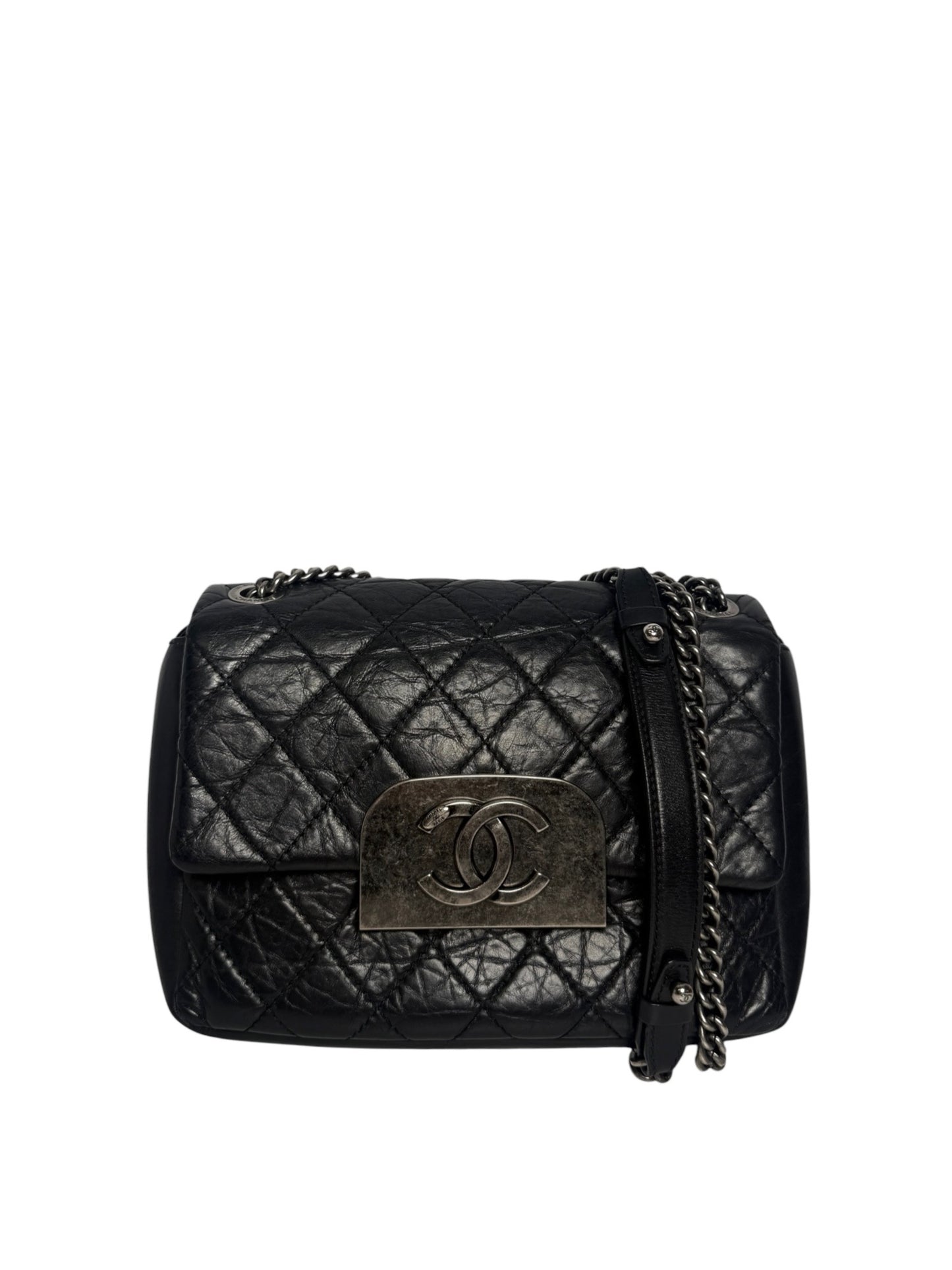 Chanel Black Aged Calfskin CC Shoulder Flap T1122