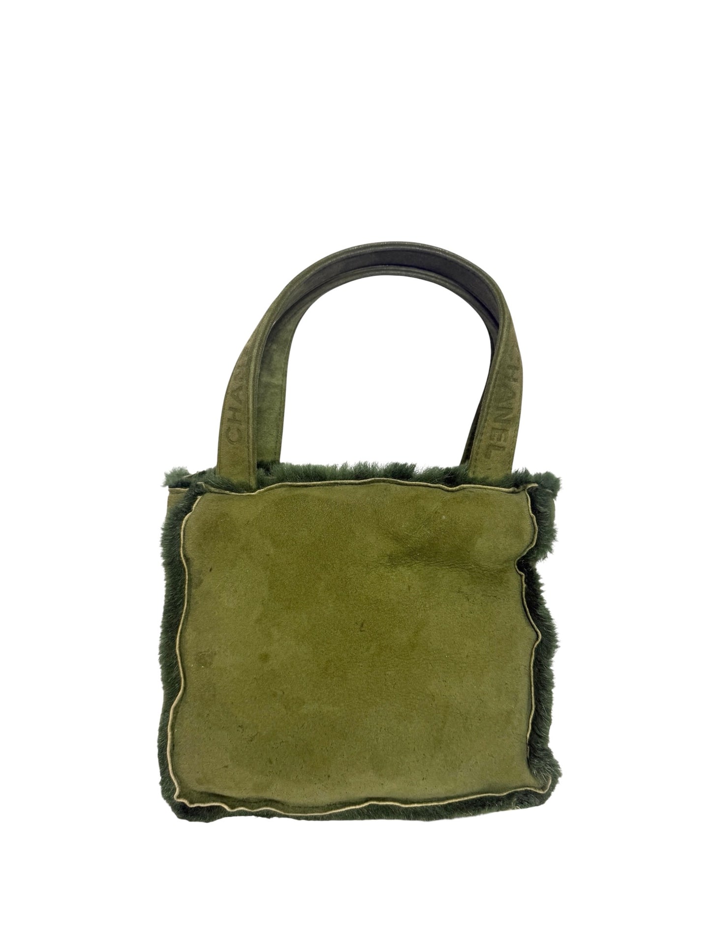 Chanel Green Mini Shearling Trim Suede Tote T1124