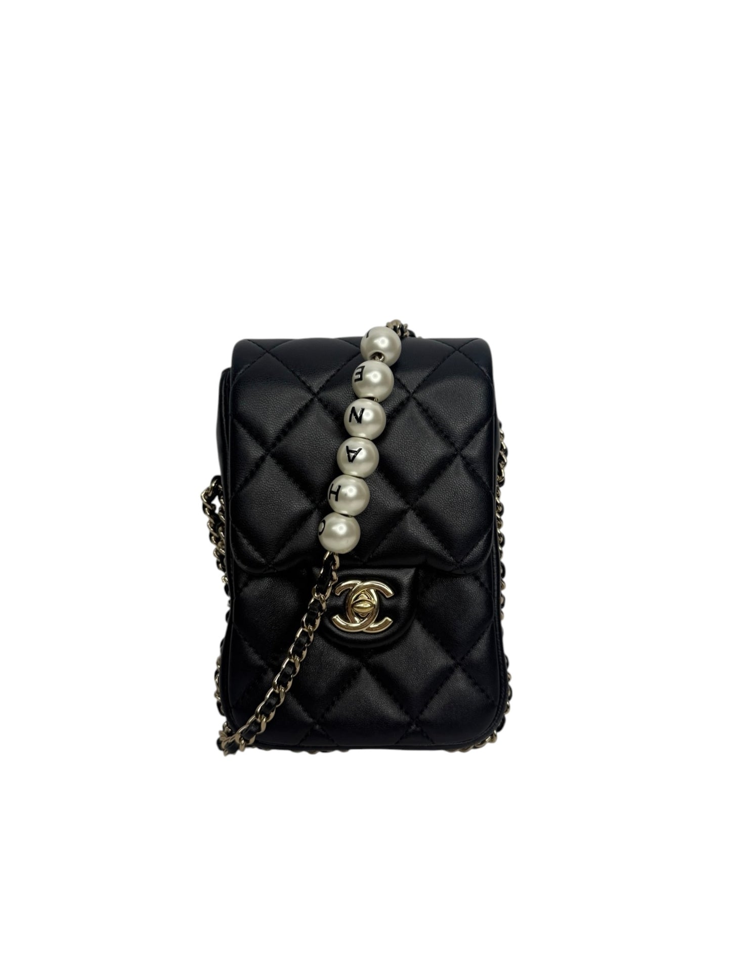 Chanel Pearl Chain Black Lambskin Phone Holder T8646