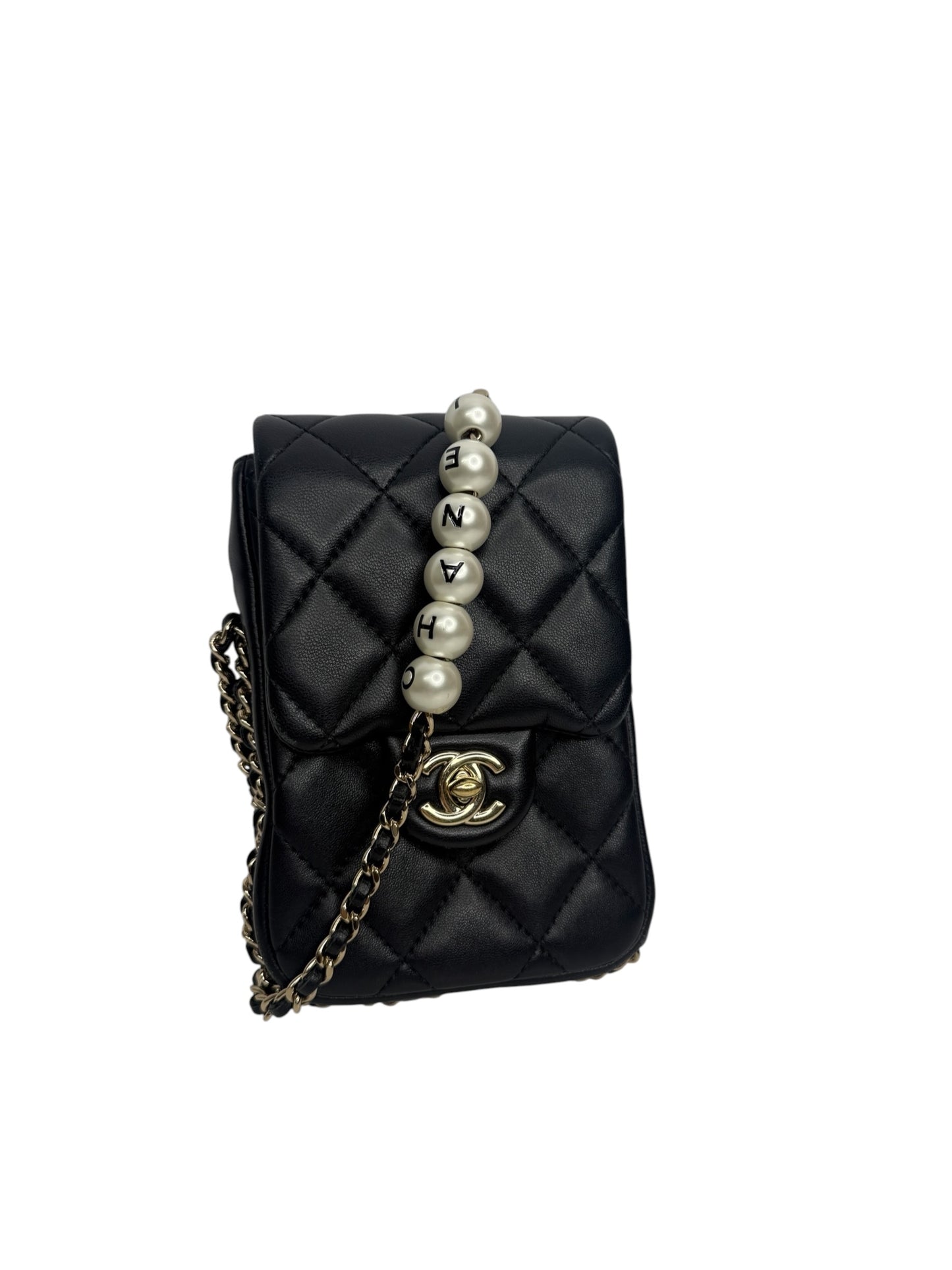 Chanel Pearl Chain Black Lambskin Phone Holder T8646