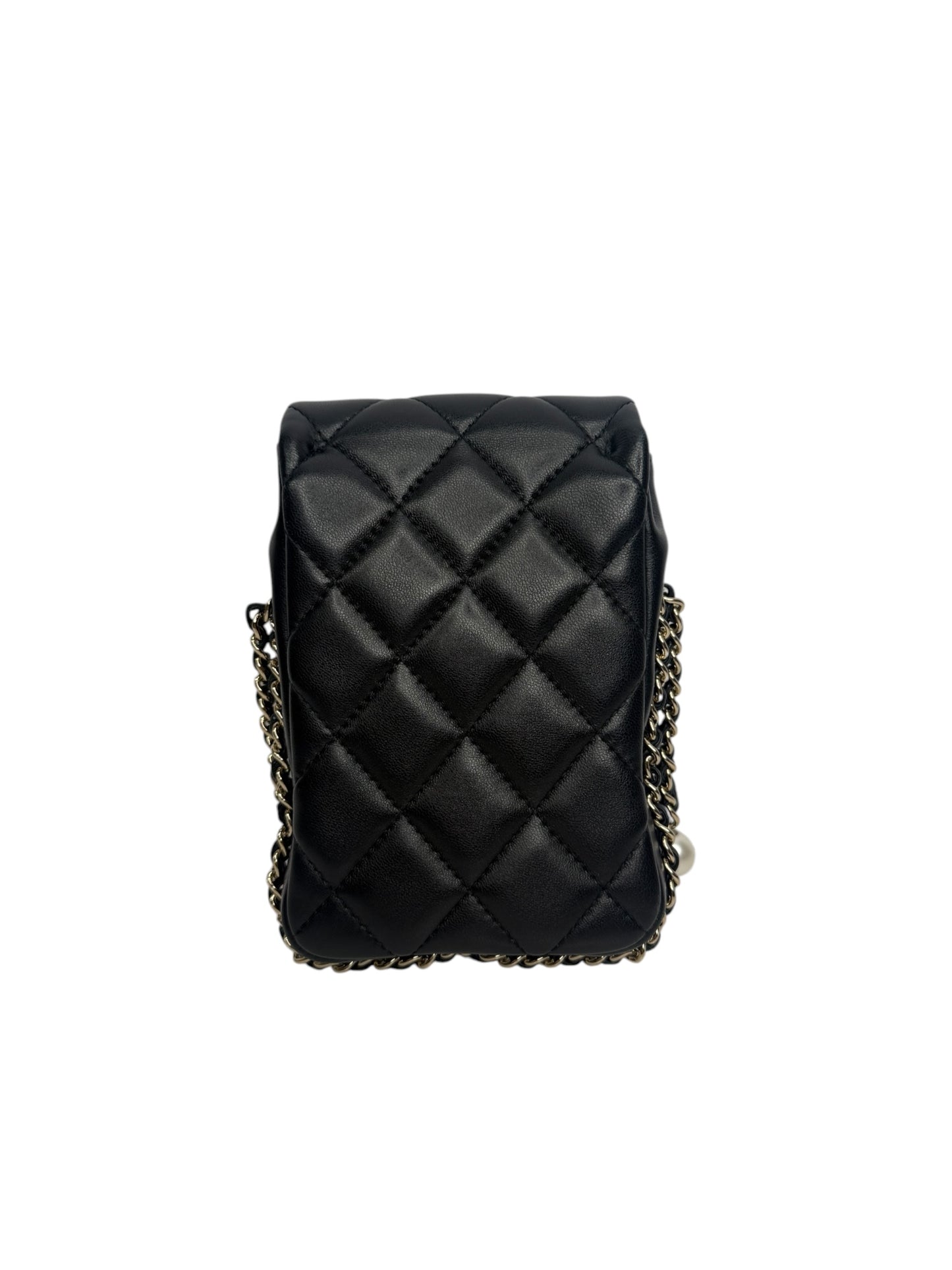Chanel Pearl Chain Black Lambskin Phone Holder T8646
