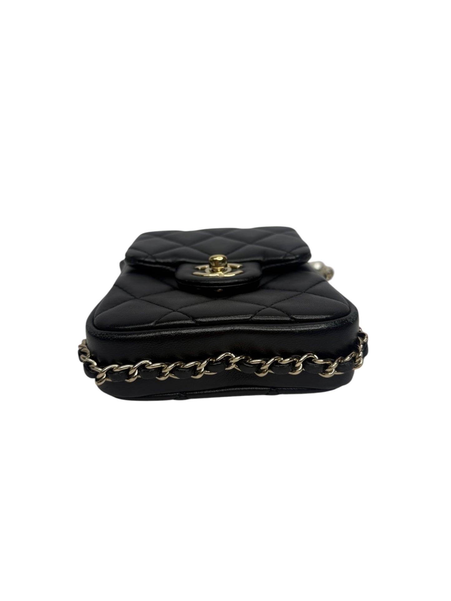 Chanel Pearl Chain Black Lambskin Phone Holder T8646