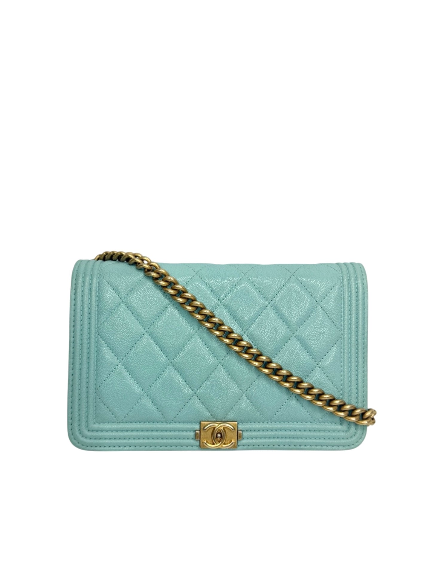 Chanel Tiffany Blue Quilted Caviar Boy Wallet On Chain T8632