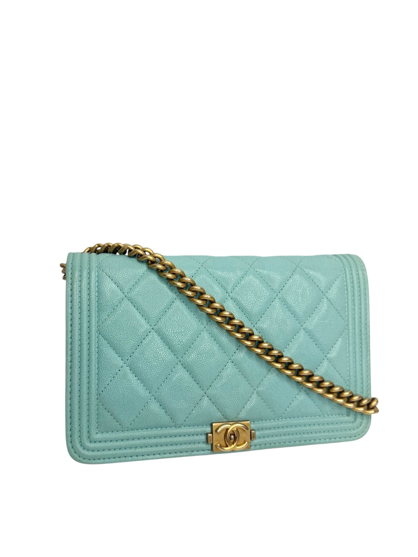 Chanel Tiffany Blue Quilted Caviar Boy Wallet On Chain T8632