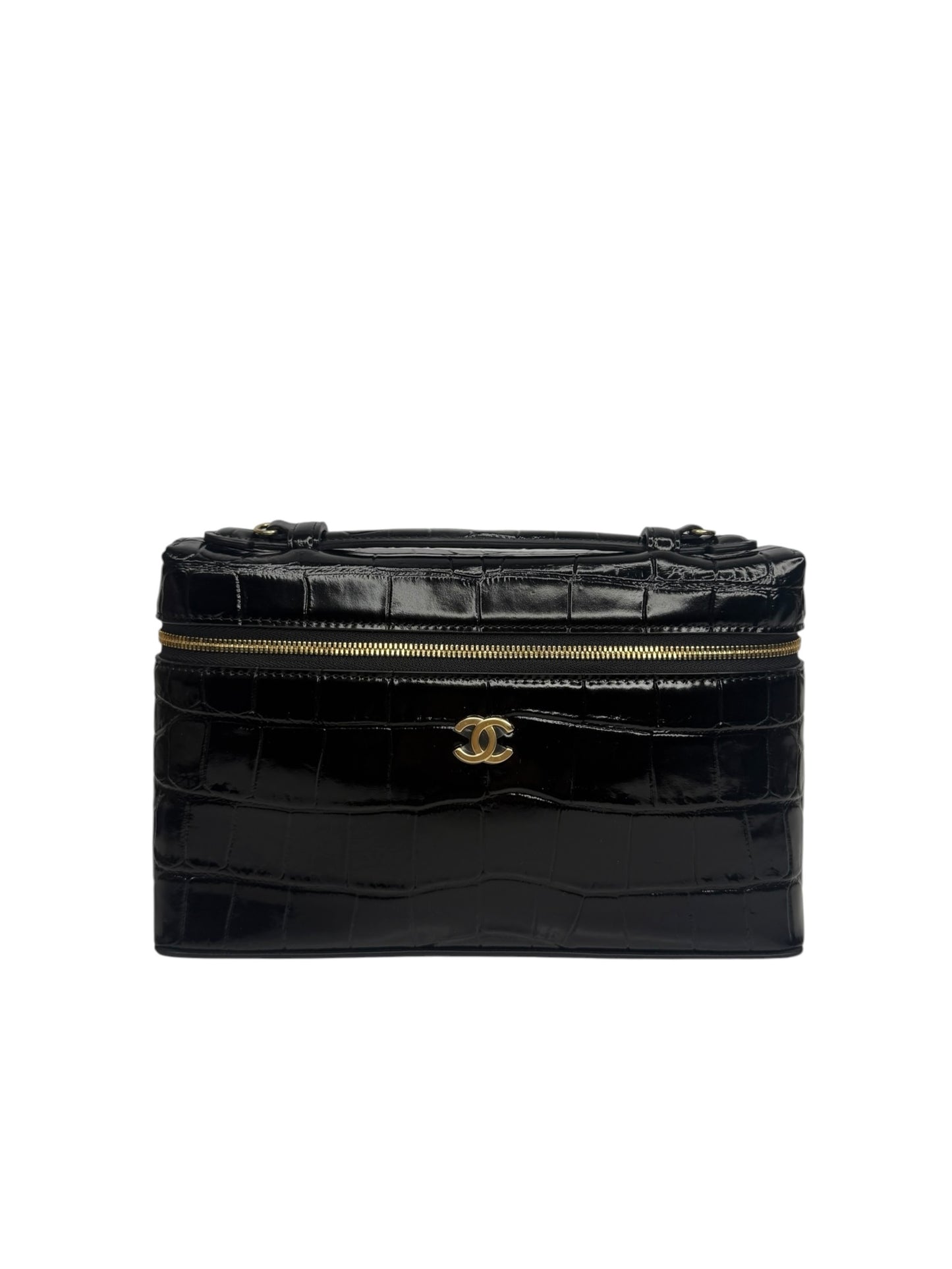 Chanel Black Croc Embossed Large Slim Vanity T8710