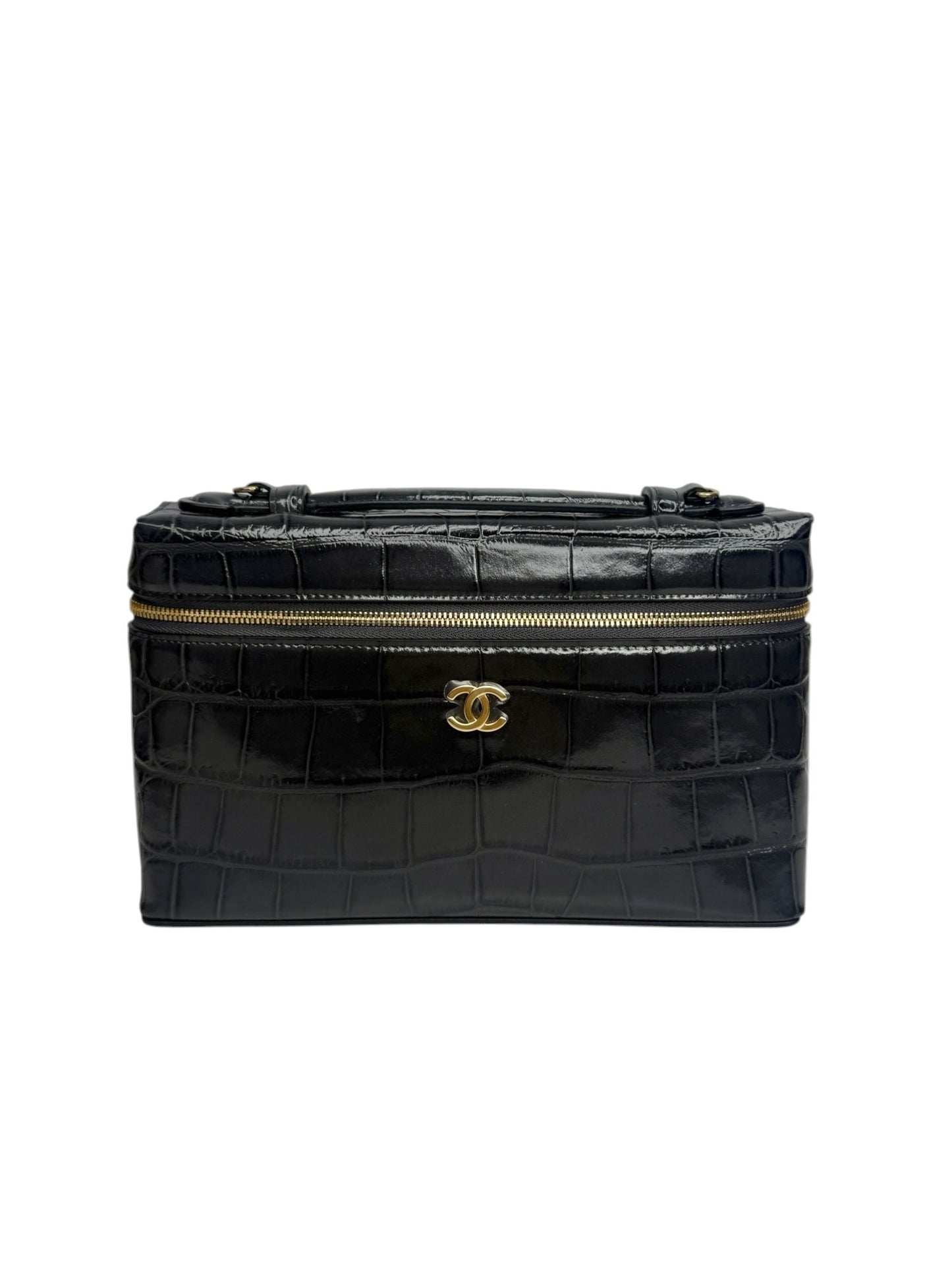 Chanel Dark Grey Croc Embossed Large Slim Vanity T8711