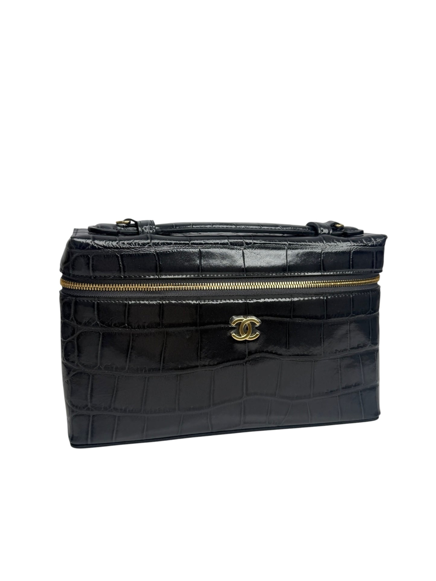 Chanel Dark Grey Croc Embossed Large Slim Vanity T8711