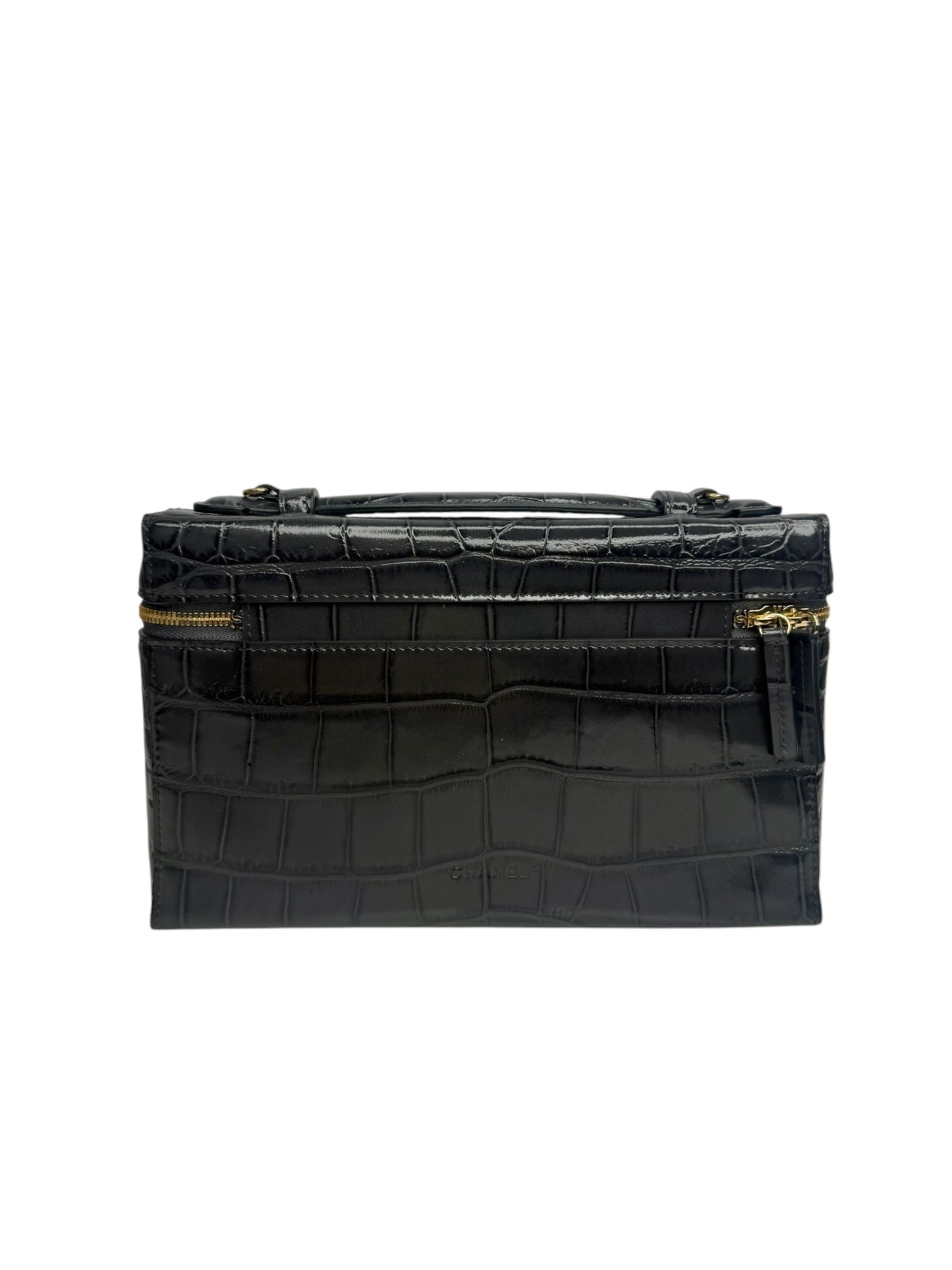 Chanel Dark Grey Croc Embossed Large Slim Vanity T8711
