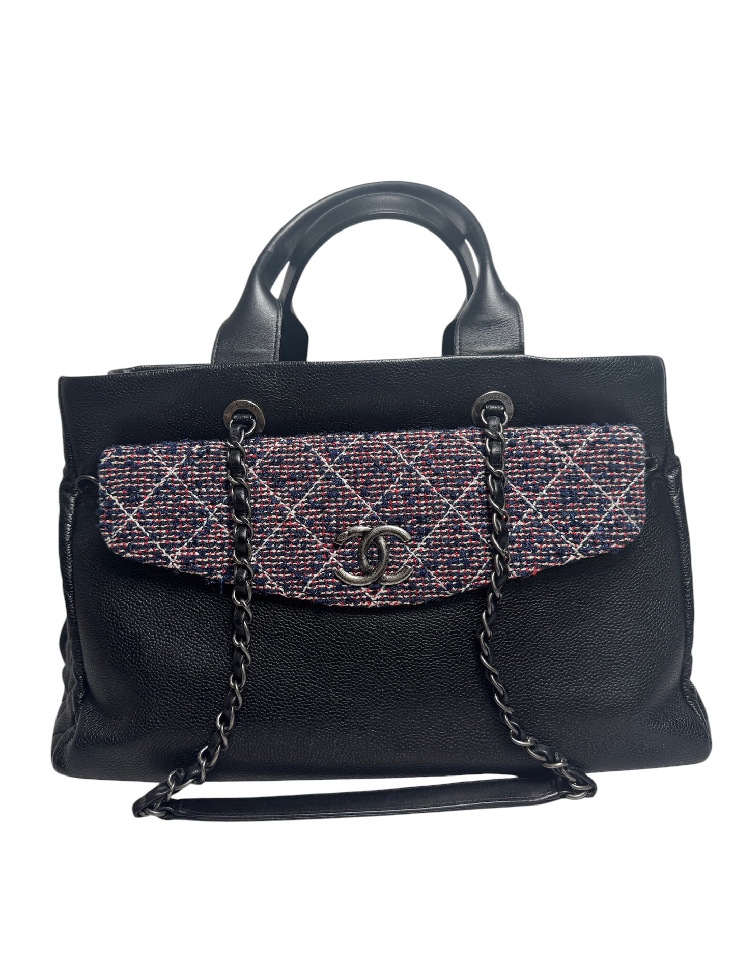 Chanel Tweed Flap Black Caviar Tote Bag