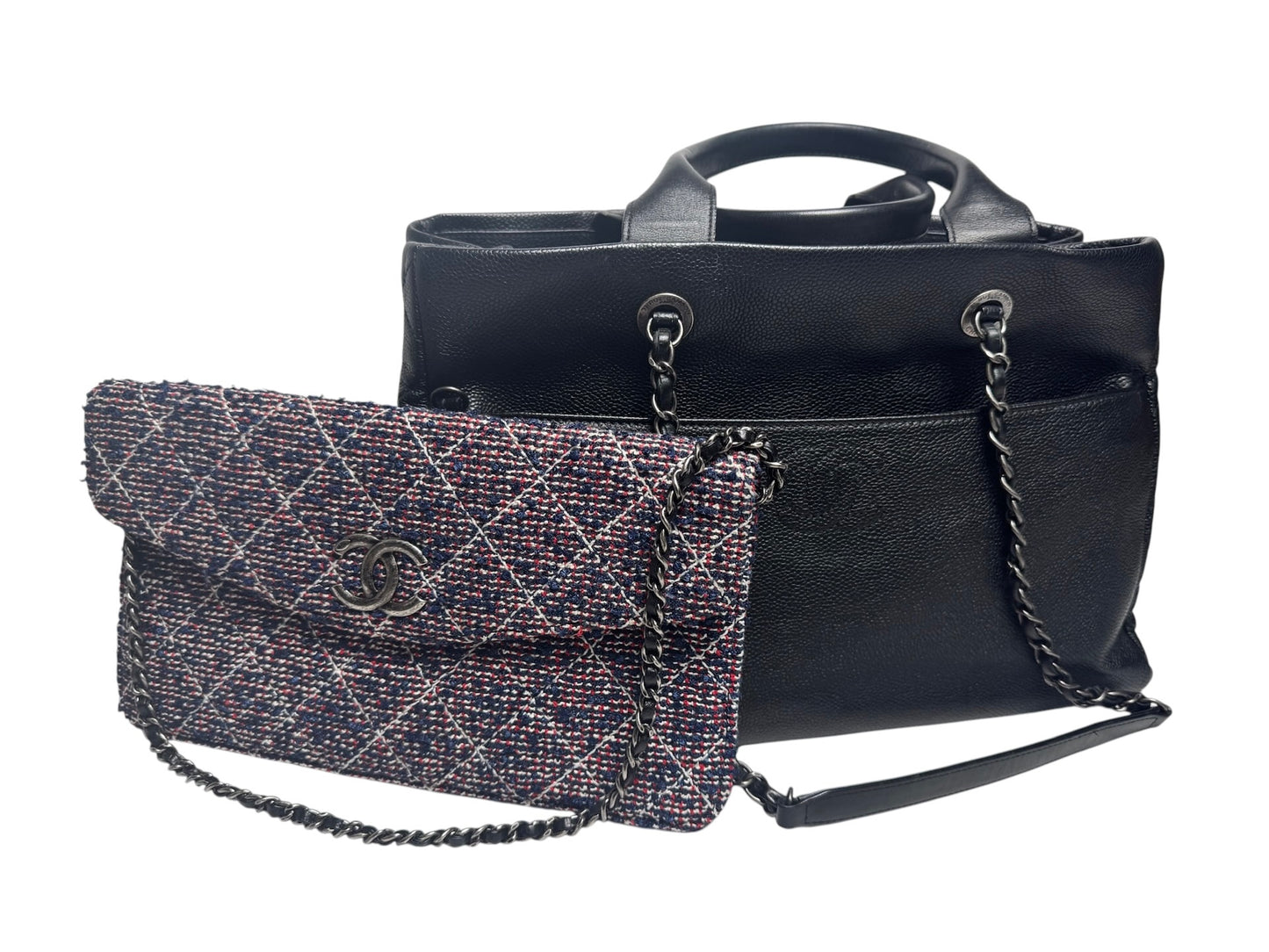 Chanel Tweed Flap Black Caviar Tote Bag