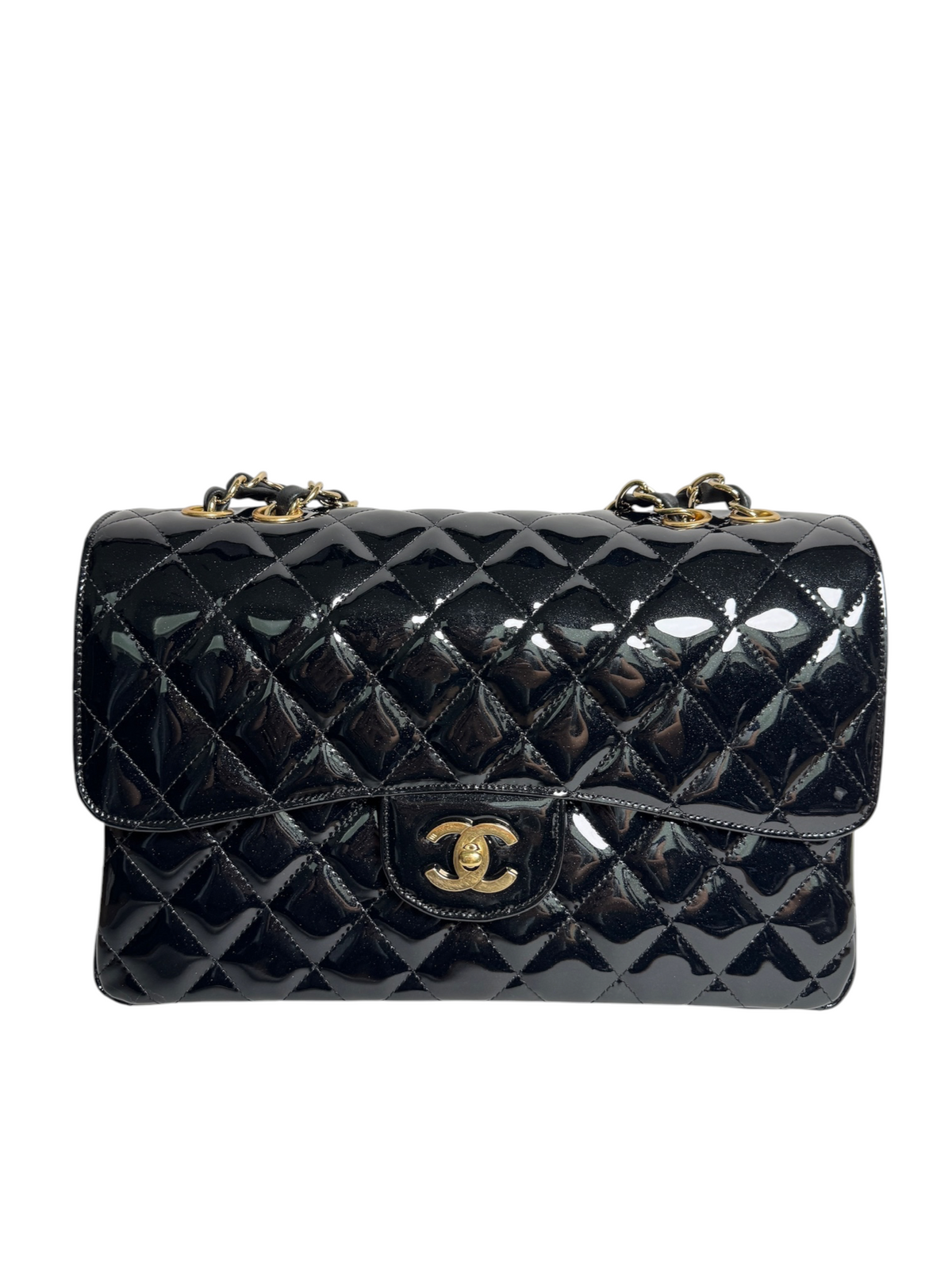 Chanel Black Sparkle Patent Jumbo Single Flap T9114