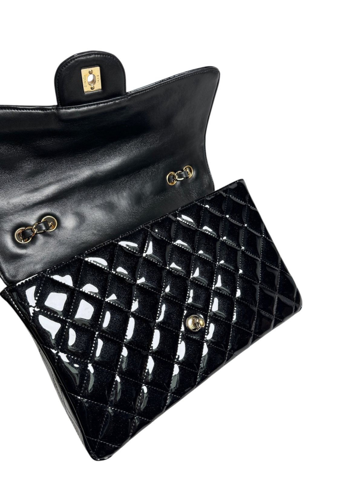Chanel Black Sparkle Patent Jumbo Single Flap T9114