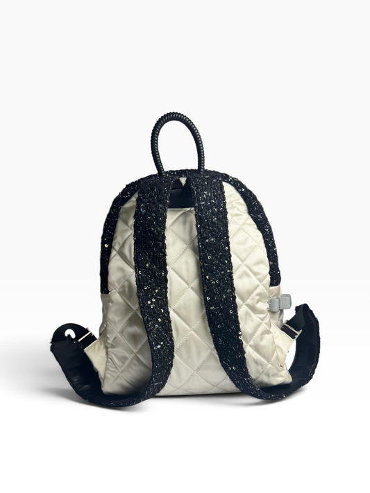 Chanel Satin White Black Tweed Trim Backpack T6275