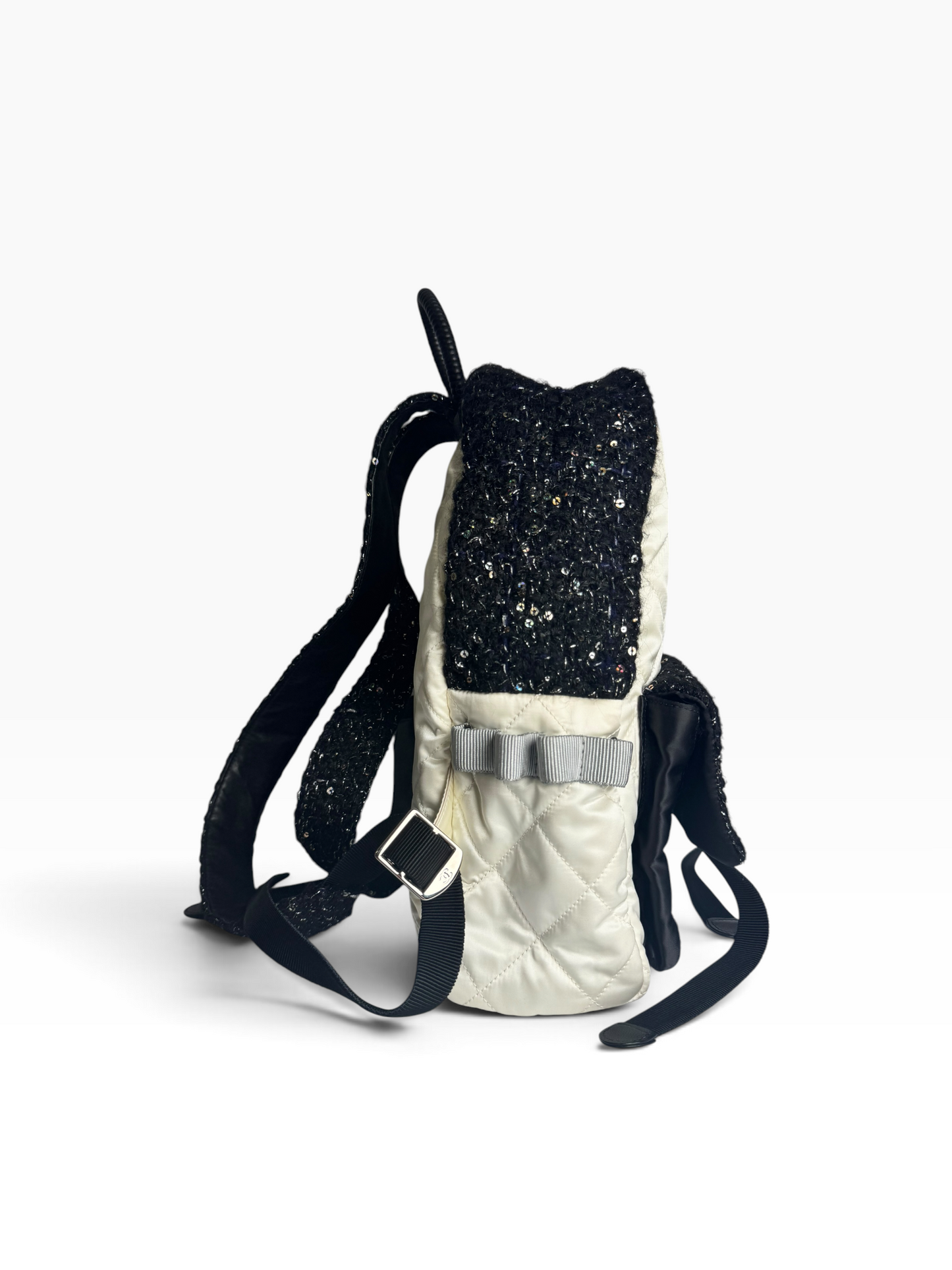 Chanel Satin White Black Tweed Trim Backpack T6275