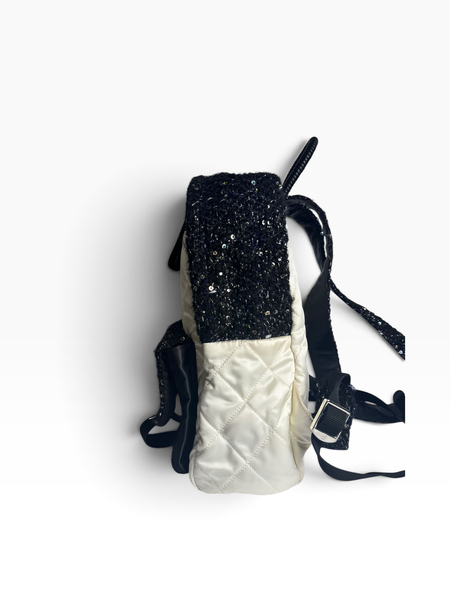 Chanel Satin White Black Tweed Trim Backpack T6275