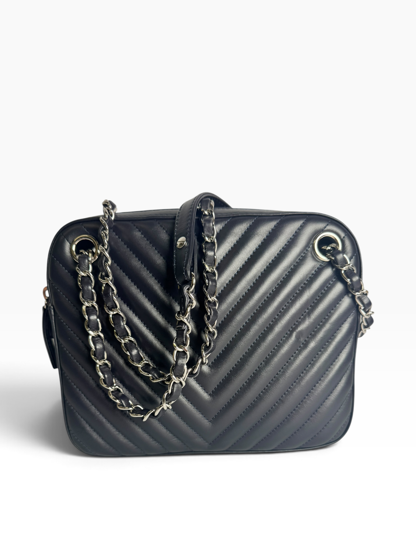 Chanel Front Flap Chevron Camera Bag Navy Black SHW T8115