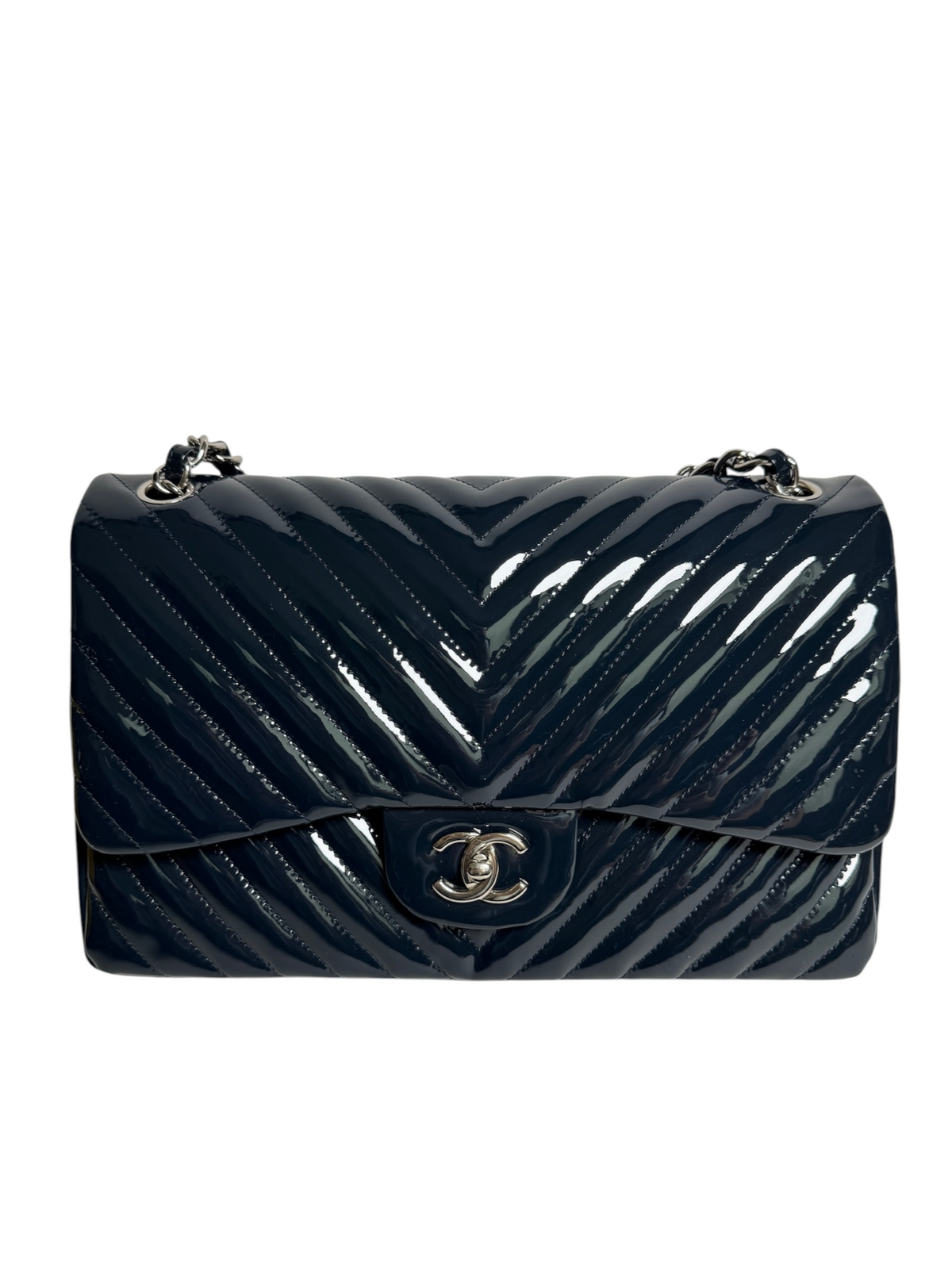Chanel Navy Chevron Patent Jumbo Double Flap T9117