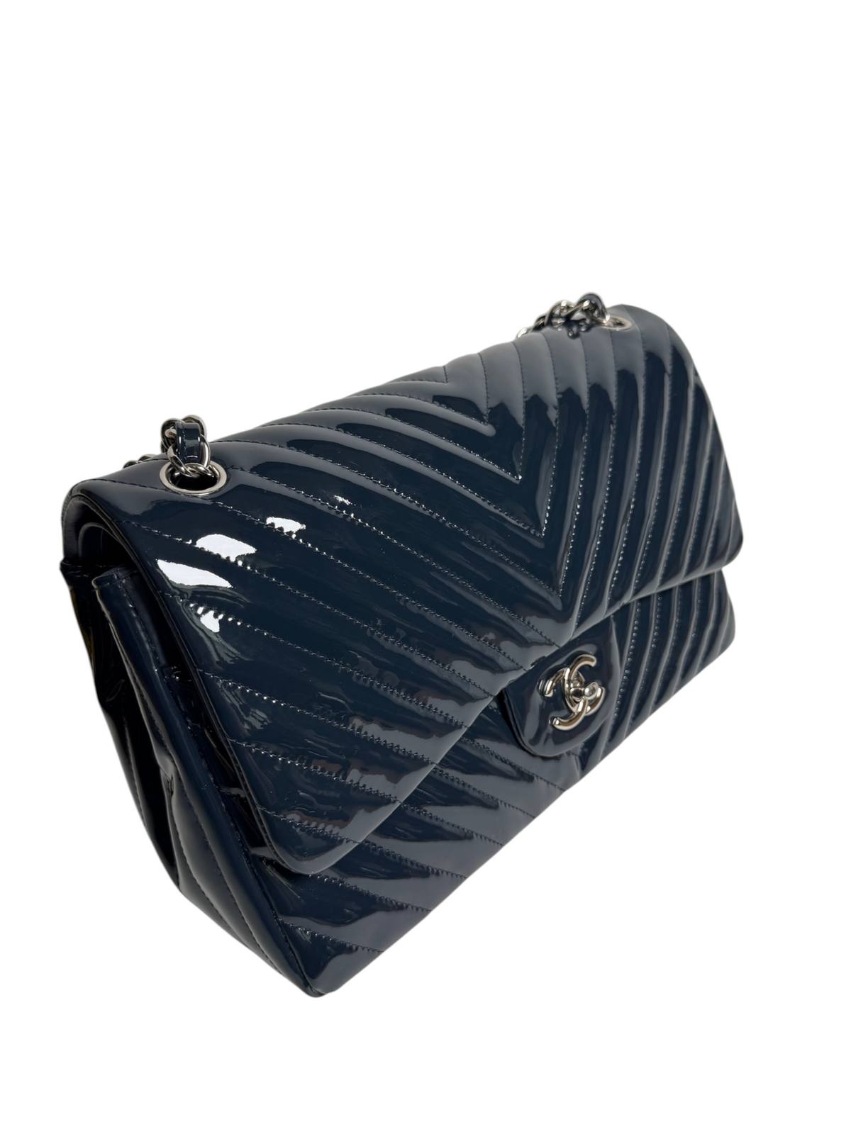 Chanel Navy Chevron Patent Jumbo Double Flap T9117