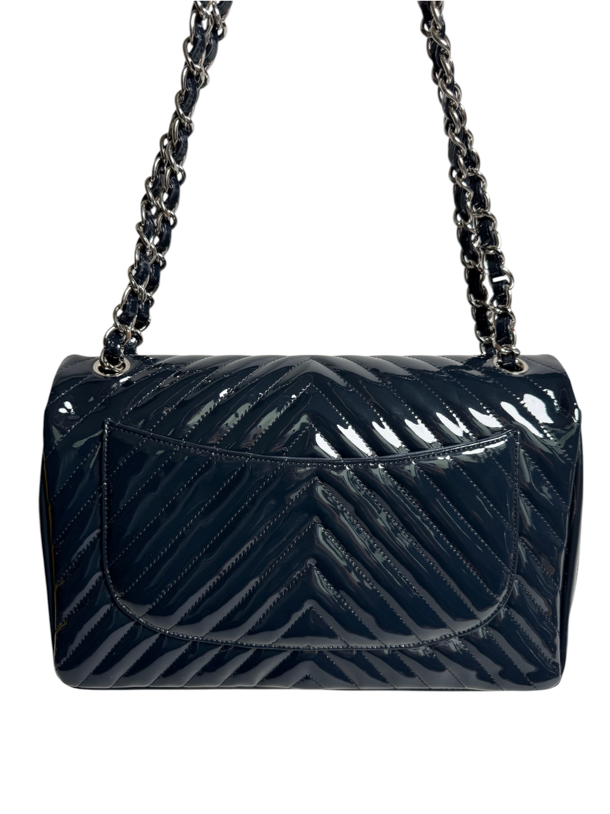 Chanel Navy Chevron Patent Jumbo Double Flap T9117