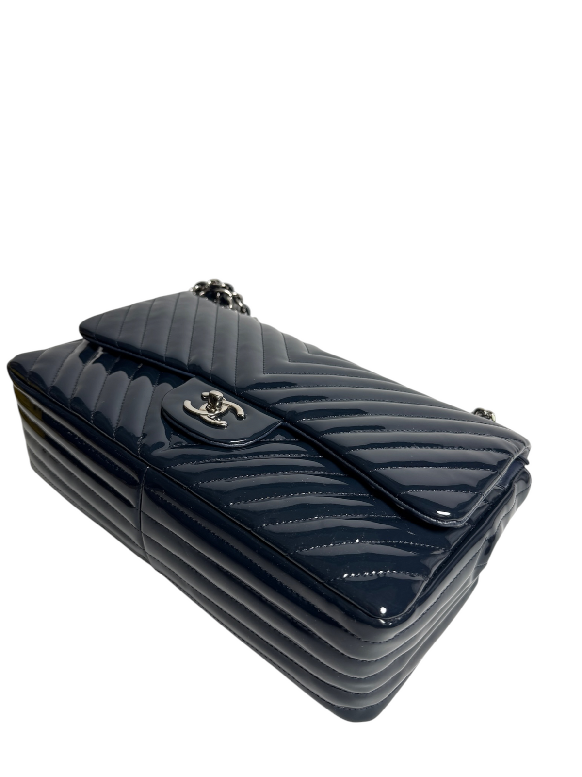 Chanel Navy Chevron Patent Jumbo Double Flap T9117