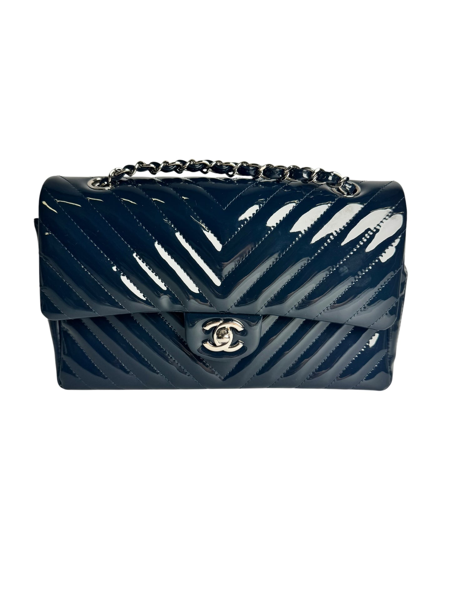 Chanel Patent Navy Chevron Medium Double Flap T6543