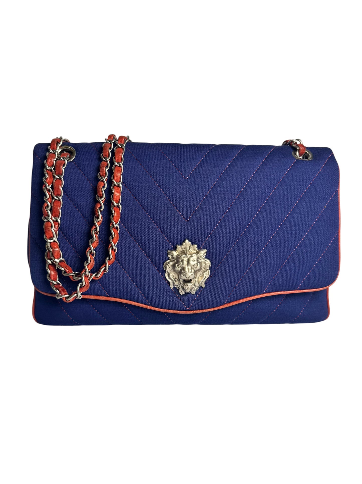 Chanel Blue Chevron Lion Flap T7674
