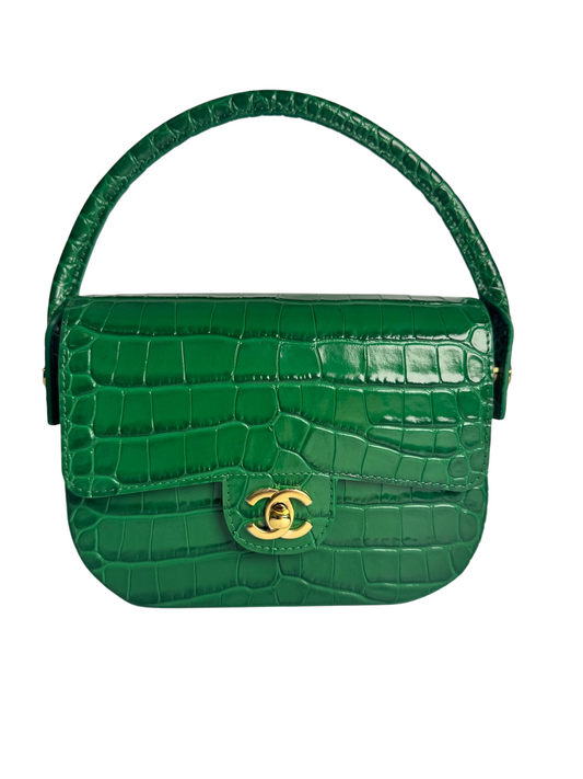 Chanel Green Calfskin Crocodile Embossed Turn Around Flap T8304