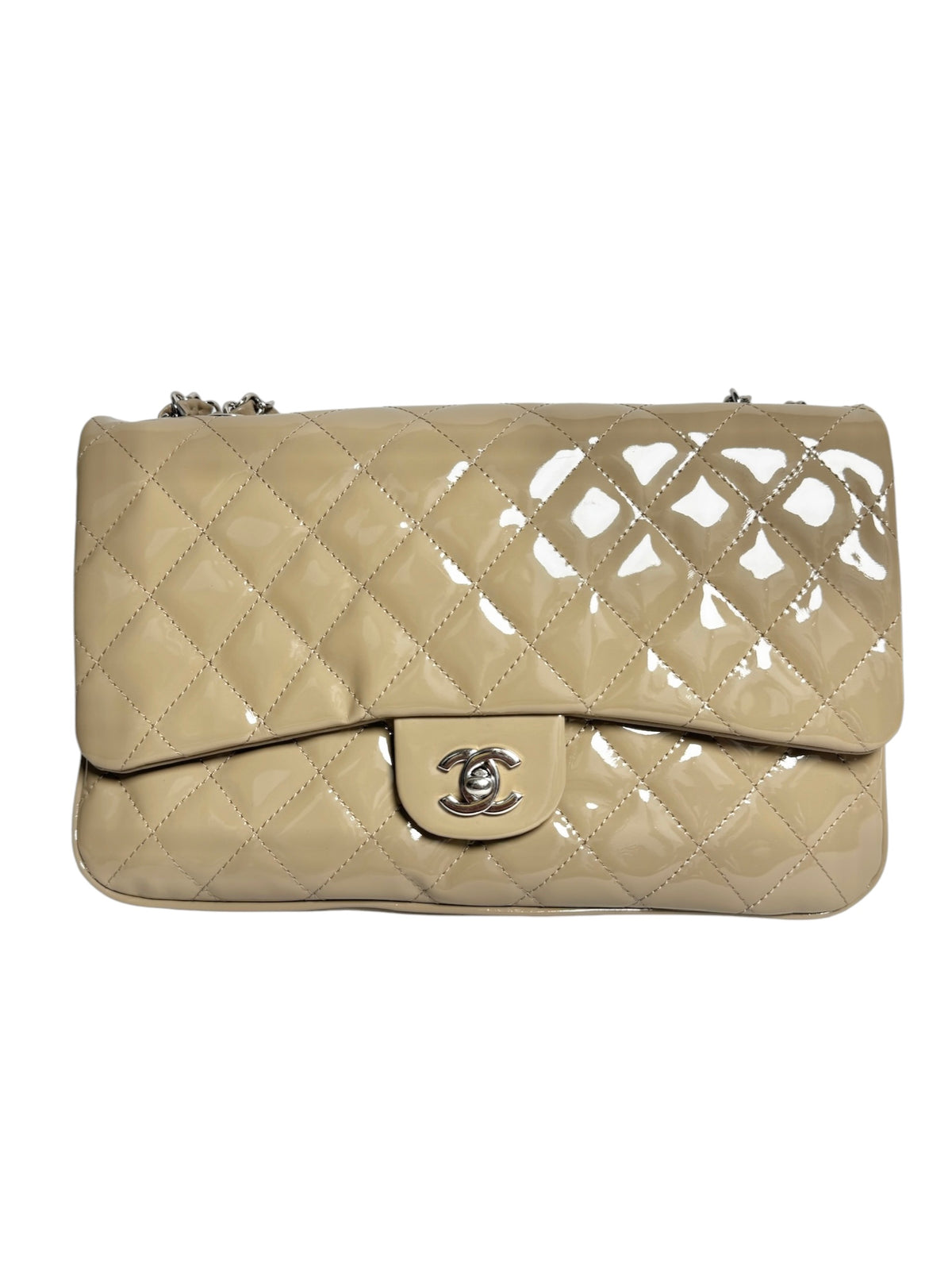 Chanel Beige Patent Jumbo Accordion Flap SHW T9120