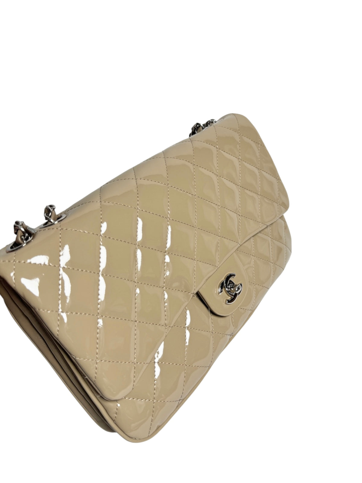 Chanel Beige Patent Jumbo Accordion Flap SHW T9120