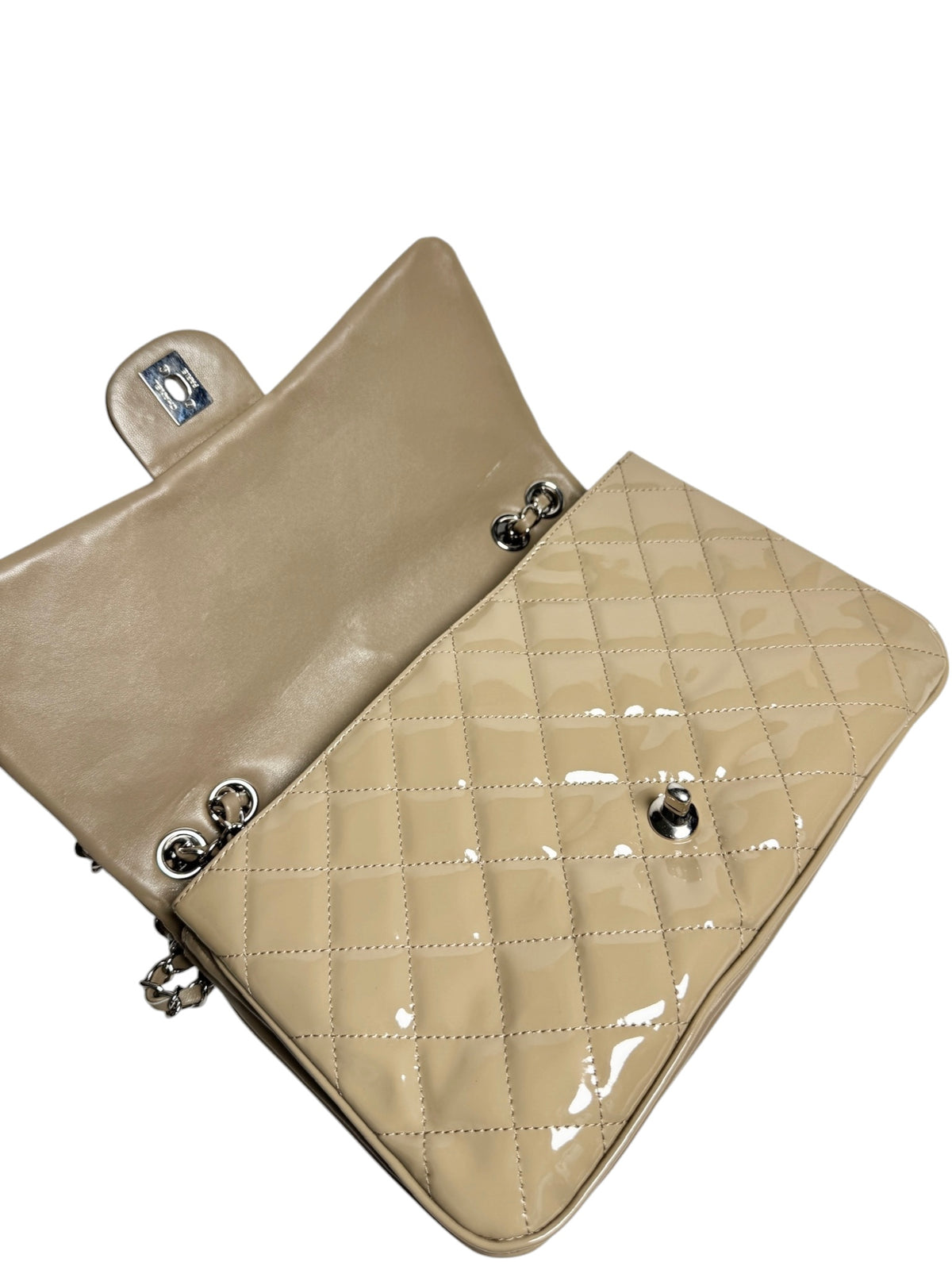 Chanel Beige Patent Jumbo Accordion Flap SHW T9120
