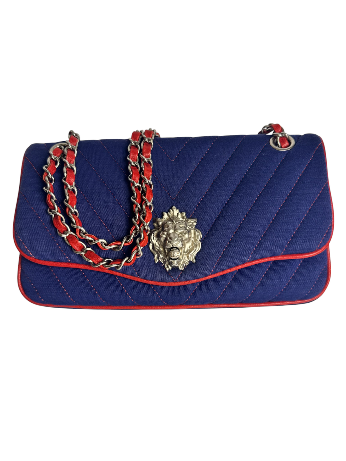 Chanel Leo Lion Blue Medium Jersey Flap Red Trim T6033