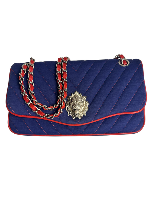 Chanel Leo Lion Blue Medium Jersey Flap Red Trim T6033