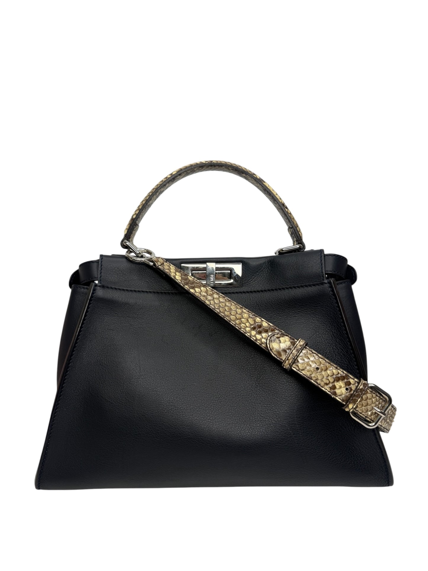 Fendi Black Medium Peekaboo Python Handle Bag T8750