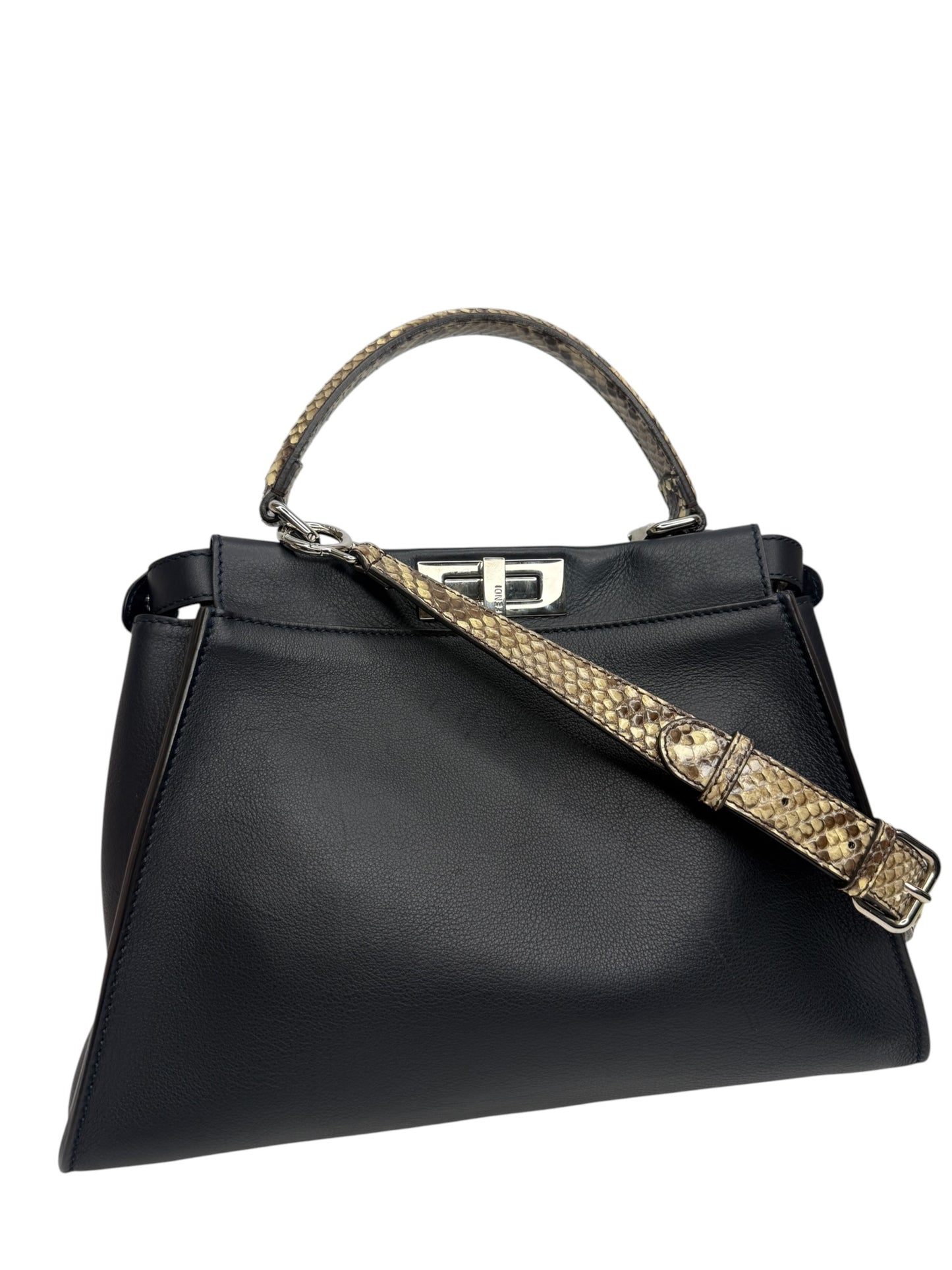 Fendi Black Medium Peekaboo Python Handle Bag T8750