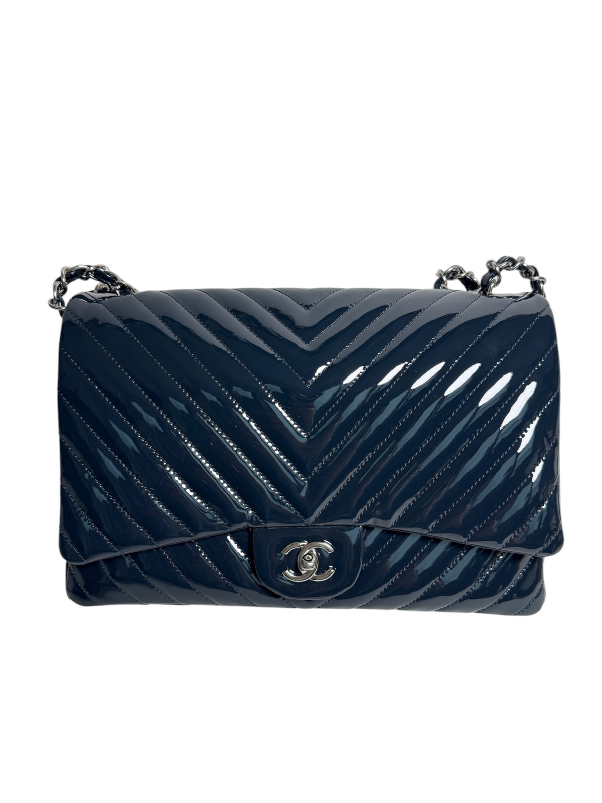 Chanel Navy Patent Chevron Maxi Single Flap SHW T9124
