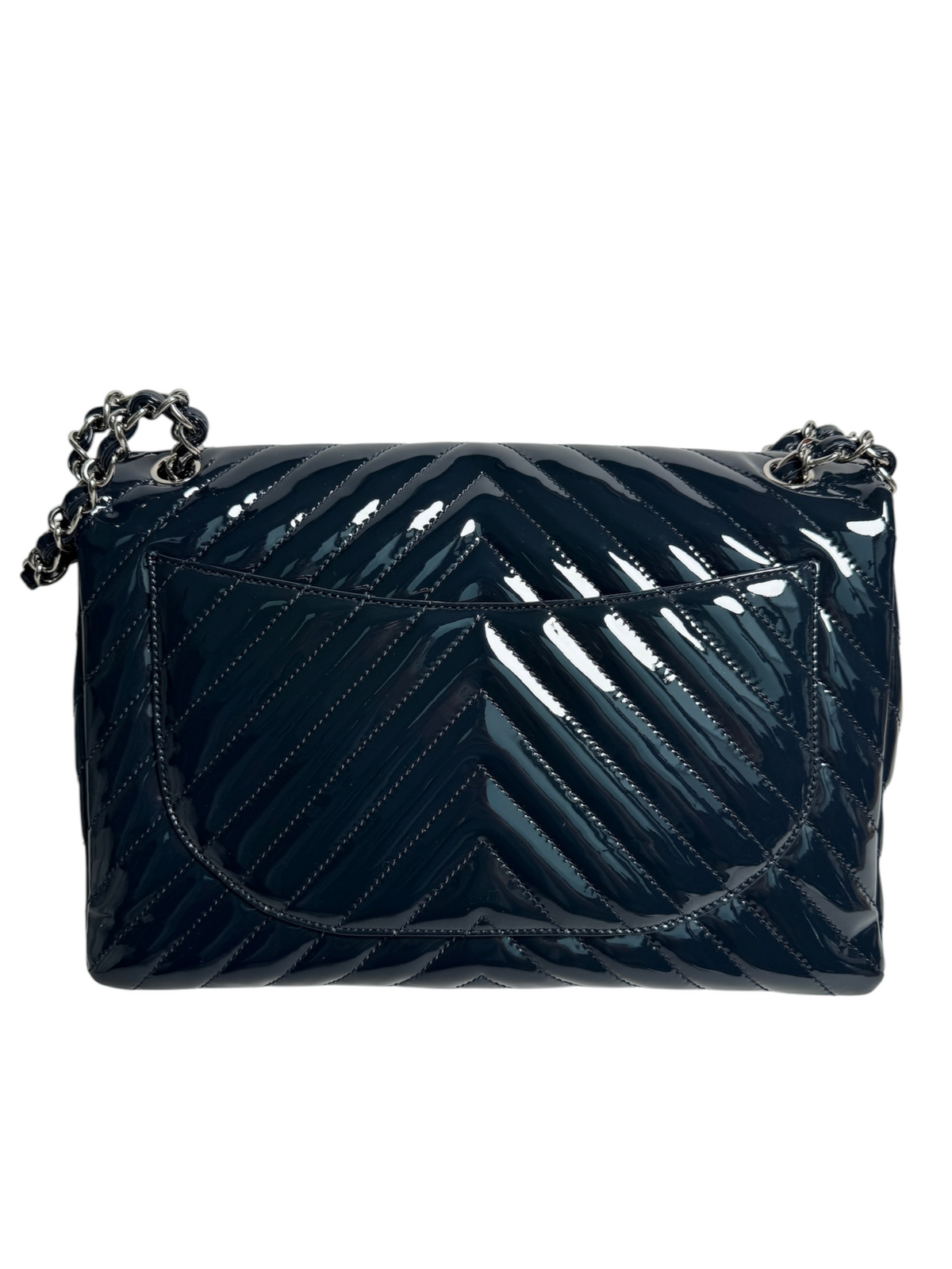 Chanel Navy Patent Chevron Maxi Single Flap SHW T9124