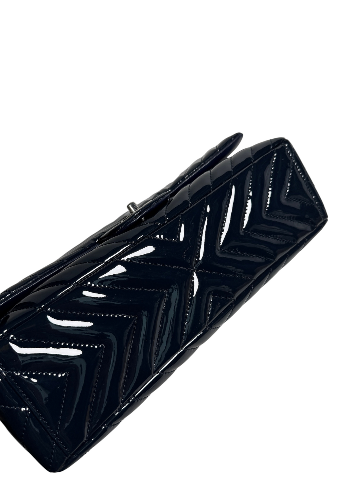 Chanel Navy Patent Chevron Maxi Single Flap SHW T9124