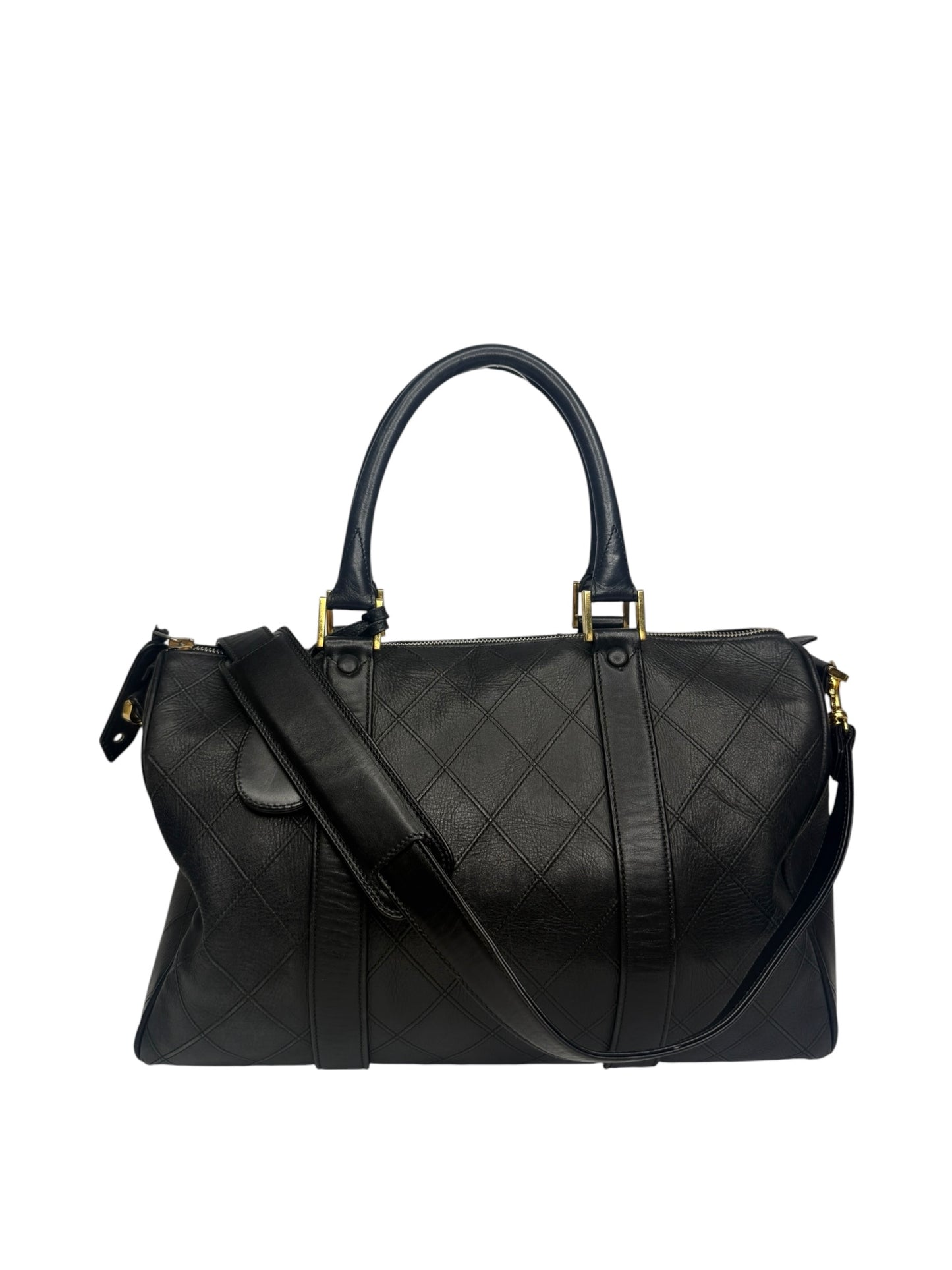 Chanel Vintage Black Diamond Stitch Leather Duffle Bag T8705