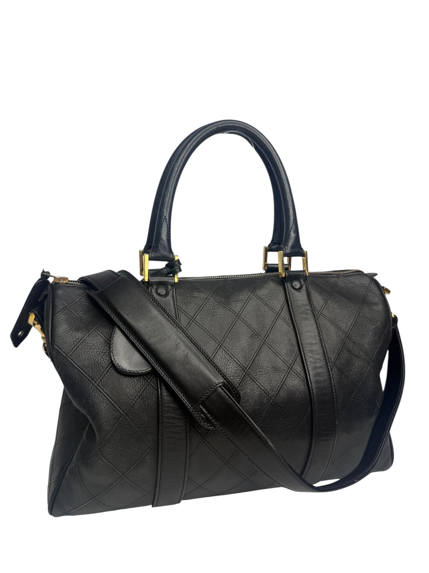 Chanel Vintage Black Diamond Stitch Leather Duffle Bag T8705