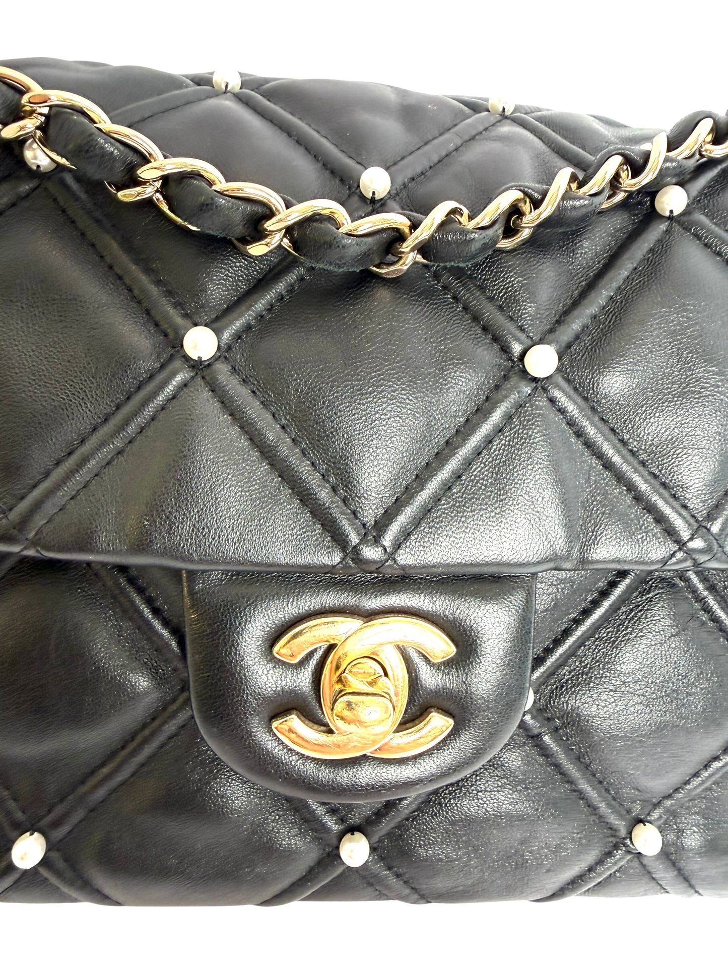 Chanel Diamond quilting lamb flap Gold Hardware Pearl studded details