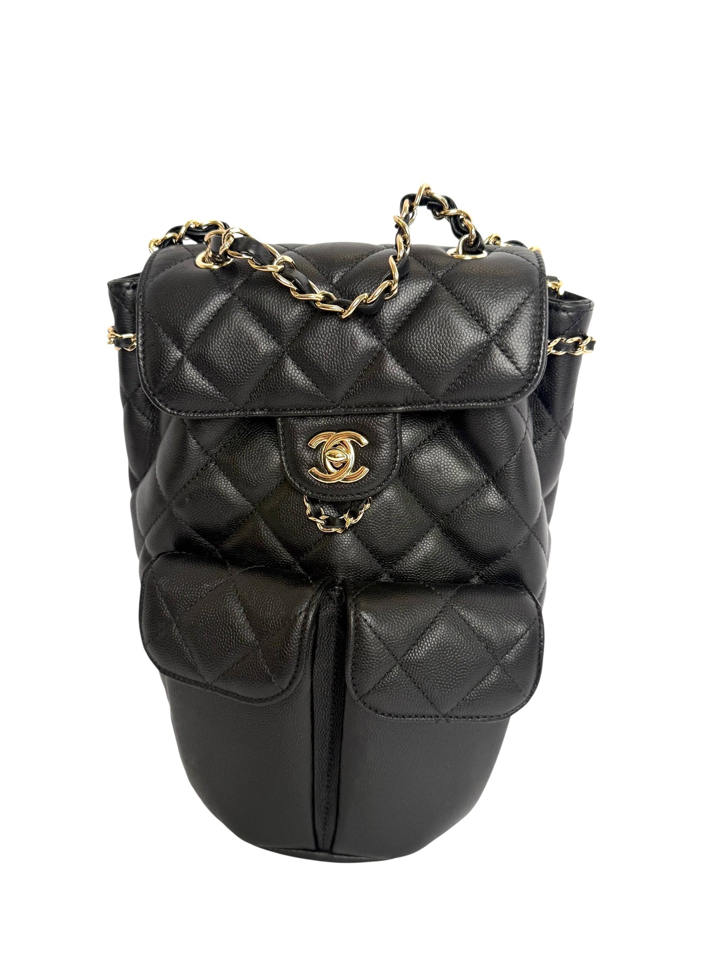Chanel Black Caviar Gold hardware front double flap pocket backpack