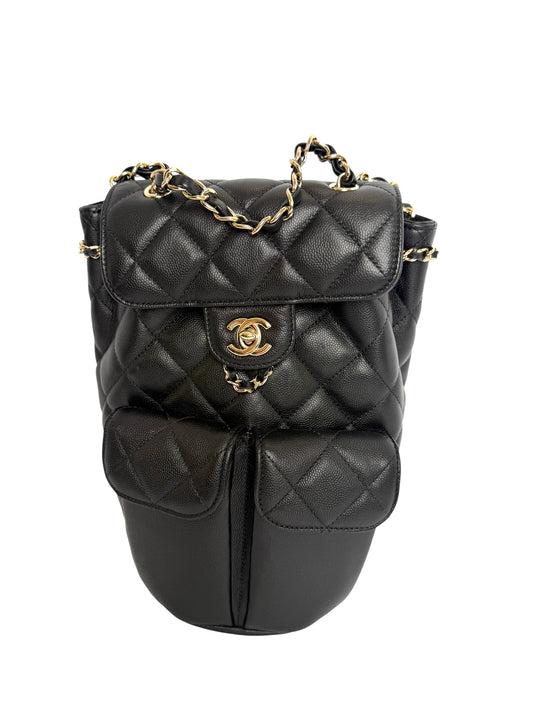 Chanel Black Caviar Gold hardware front double flap pocket backpack