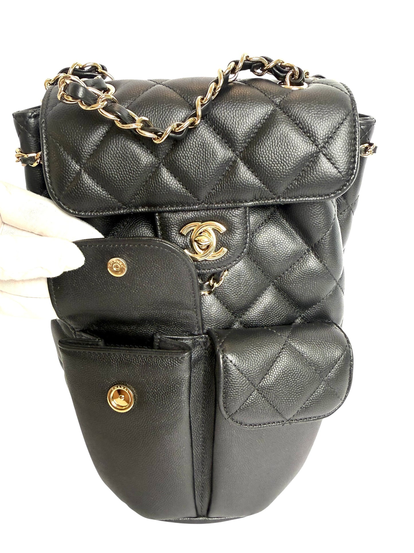 Chanel Black Caviar Gold hardware front double flap pocket backpack