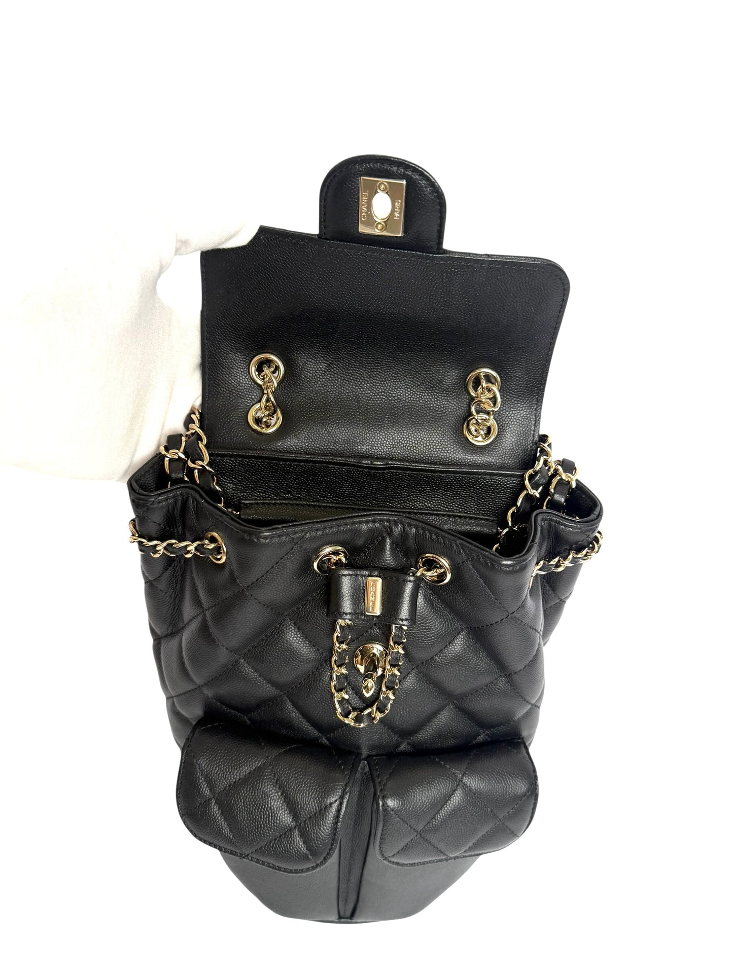 Chanel Black Caviar Gold hardware front double flap pocket backpack