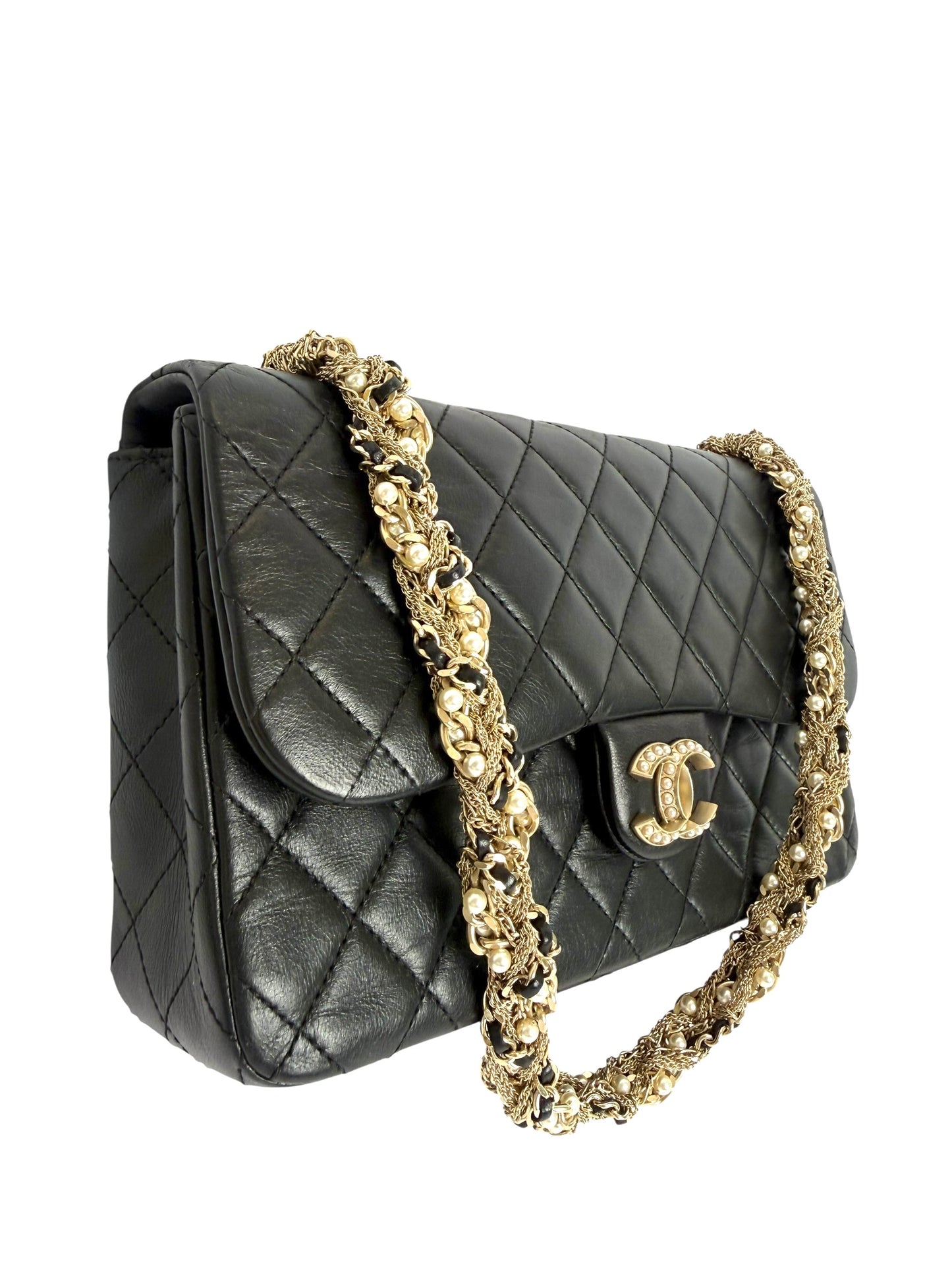 Chanel lambskin black quilted Medium Westminster Pearl Flap Black 2014