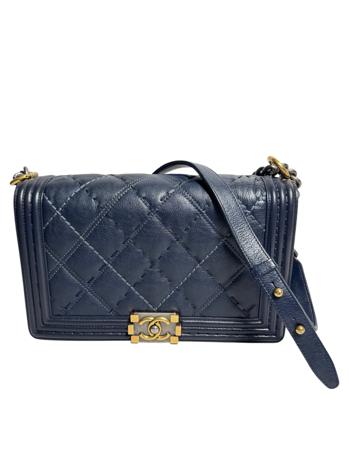 Chanel Bimetal Navy Calfskin Boy Bag Stitch Quilting T9131