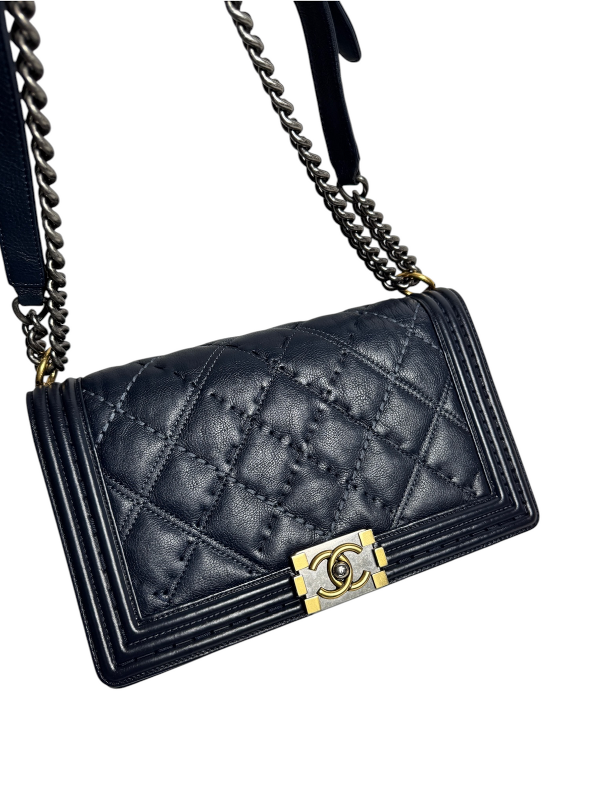 Chanel Bimetal Navy Calfskin Boy Bag Stitch Quilting T9131